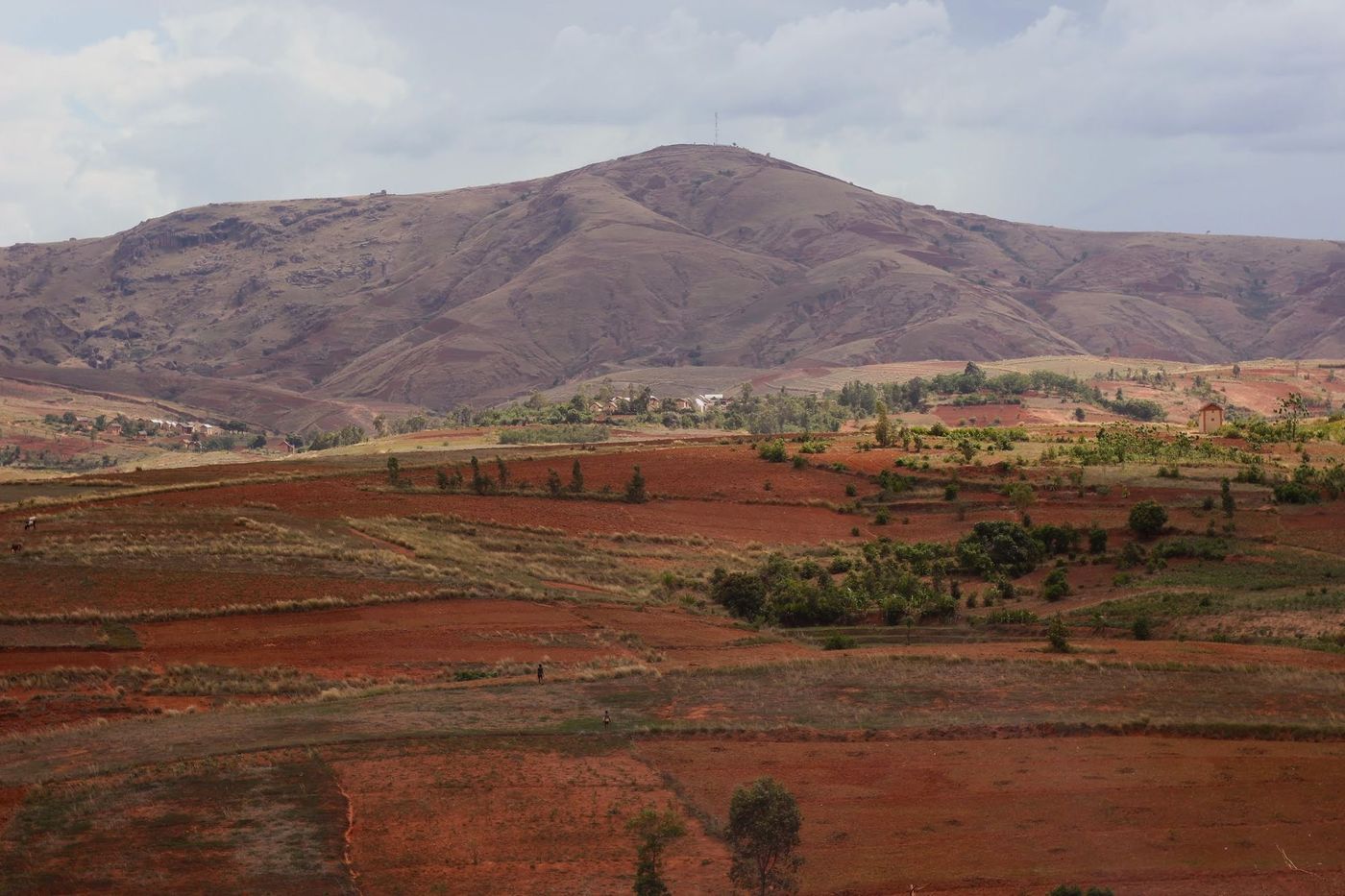 Champs de terre rouge au pied d’un massif